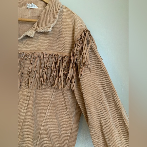 POL tan Rough Fringe Corduroy Jacket studded coat distressed boho coastal - Picture 4 of 11